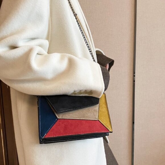 Vegan Suede Geometric Colour Blocked Purse with Chain Strap - Picture 2 of 4